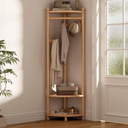 Solid Wood Corner Hall Tree with Hanging Clothes Rod, 4 Hooks Coat Rack with Storage Rack, Clothes Rack for Bedroom Entryway (Natural)