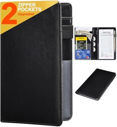 Leather Waiter Book Wallet with Zipper - Cute Waitstaff Organizer with Money Pocket Fit Server Apron (Classic Black)