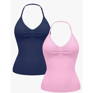 OLCHEE Womens Halter Tank Tops V Neck Impact Backless Longline Strappy Adjustable Gym Workout Top Padded, L