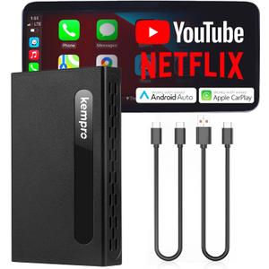 KemPro Smart Box 3-in-1 Wireless CarPlay & Android Auto Adapter with Streaming Apps  Netflix, YouTube, Adapter for Car to Watch TV, Video Player USB A & C