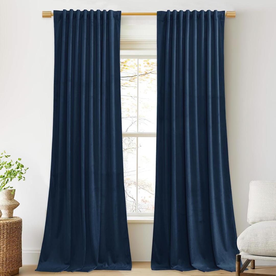 StangH Extra Long Blue Velvet Curtains - Thermal Insulated Curtains for High Ceiling Home Decor Blackout Window Panels for Bedroom, Navy Blue, W52 x L120, 2 Panels