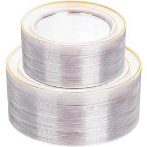 I00000 102 Pcs Clear Gold Plastic Plates - Disposable Party Plates, Gold Disposable Include 51 Dinner Plates and 51 Dessert Plates, Plastic Plates for Party, Holiday, Wedding & Birthday