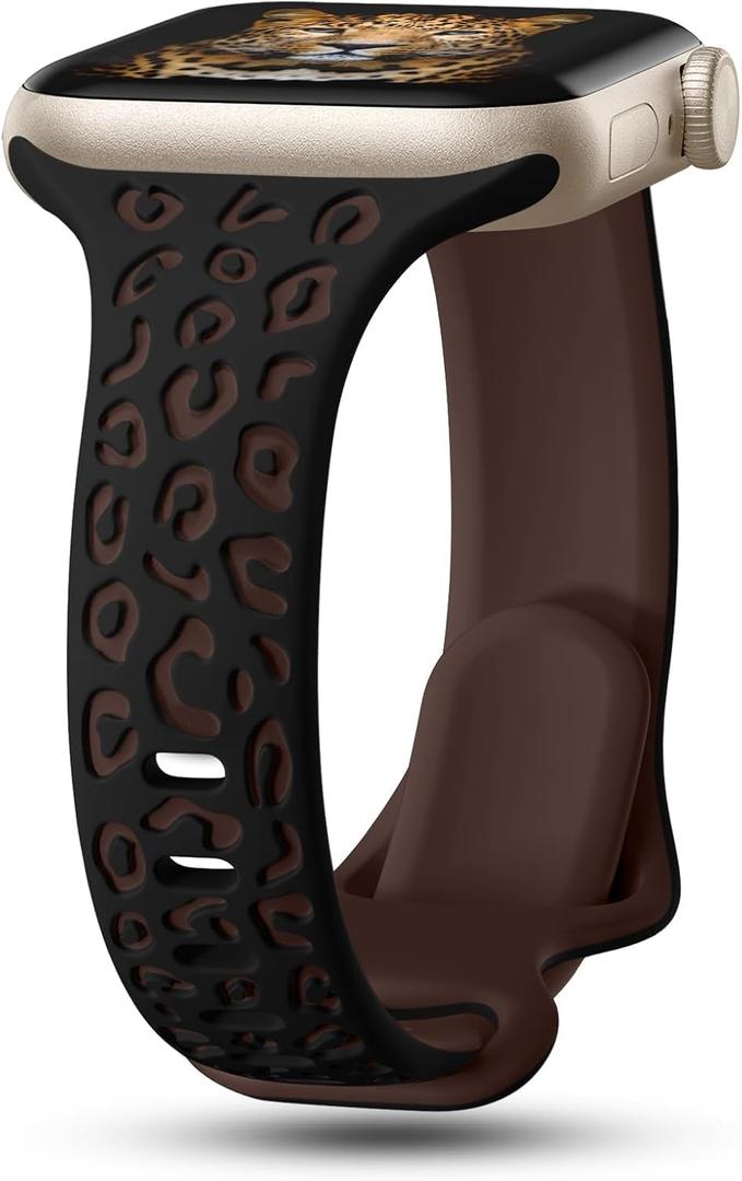 CreateGreat Slim Leopard Engraved Bands Compatible with Apple Watch Band 41mm 40mm 38mm 49mm 46mm 45mm 44mm 42mm Women, Cheetah Silicone Strap for iWatch Series 10 9 8 7 6 5 4 3 2 1,Ultra,SE (Black & Coffee)