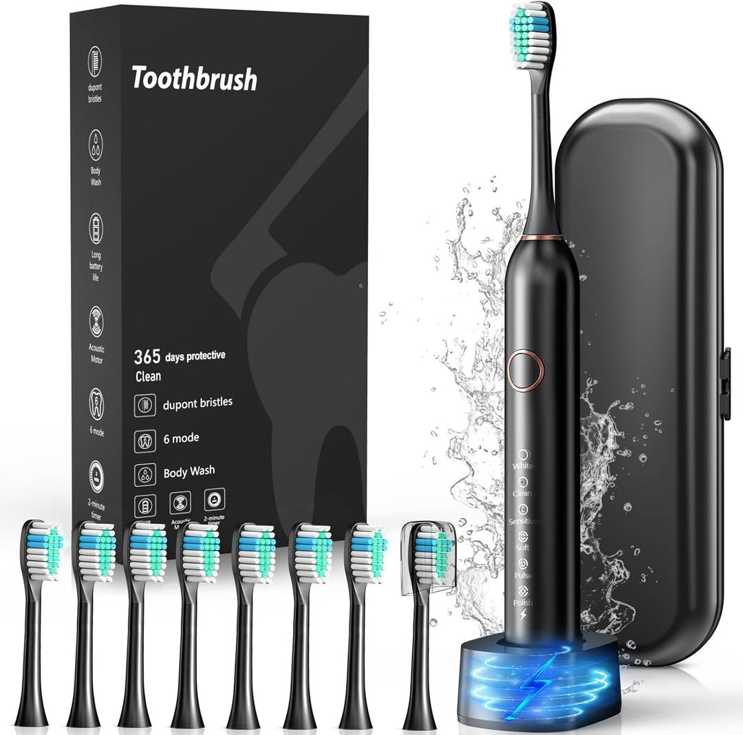 Electric Toothbrush, Sonic Type for Adults & Teens, 8 Brush Heads, Travel Case, 6 Modes, 40000 VPM Electric Motor, IPX7 Waterproof, 2 Minutes Timer, Wireless Charging, One Charge for 100 Days (Black)