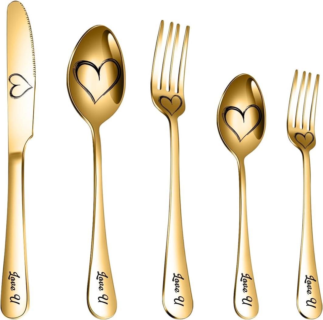 WORTHBUY Flatware Set Portable Dinner Knives Forks Spoon Silverware Set Stainless Steel Flatware 5 Pieces Untensils Tableware Dishwasher Safe (Heart Pattern, Gold)