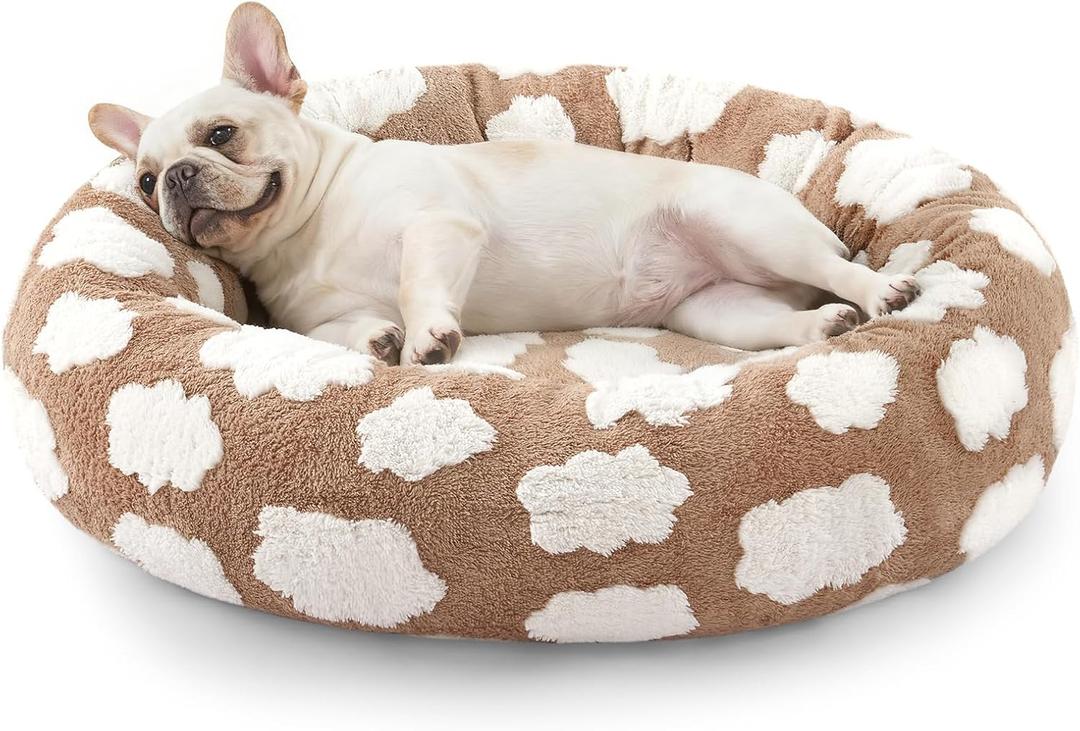 JOEJOY Donut Small Dog Bed, Round Cat Beds for Indoor Cats with Removable Washable Cover, Orthopedic Cute Puppy Kitten Pet Bed with Jacquard Shaggy Plush & Non Skid Bottom, Black