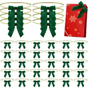 Dingion 100 Pcs Velvet Christmas Gift Bows for Gift Wrapping Elastic Bows Holiday Pre Tied Bows 24'' Stretch Loops Flat Gift (Green)