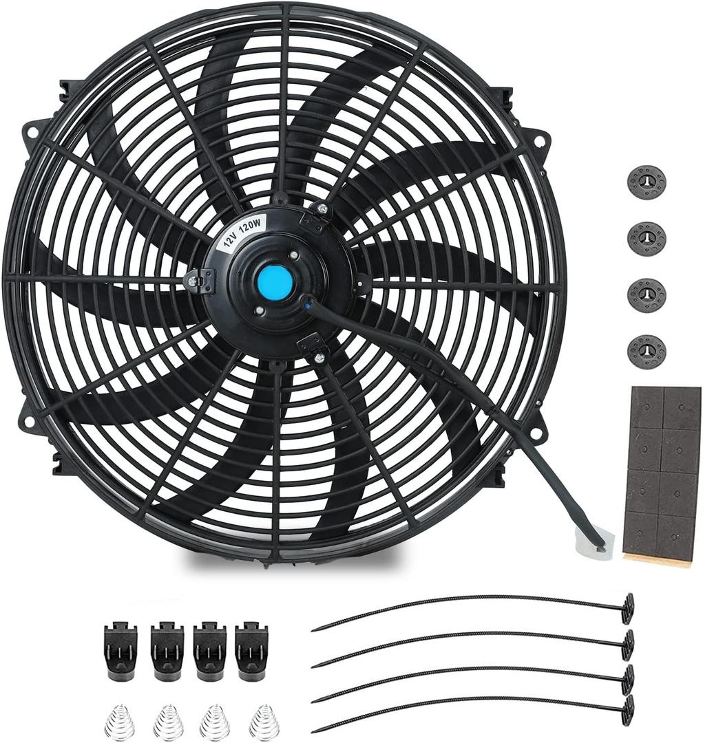 16 Inch Slim Fan Push Pull Electric Radiator Cooling Fan Universal High Performance 12V 120W Motor with Fan Mounting Kit (Black)
