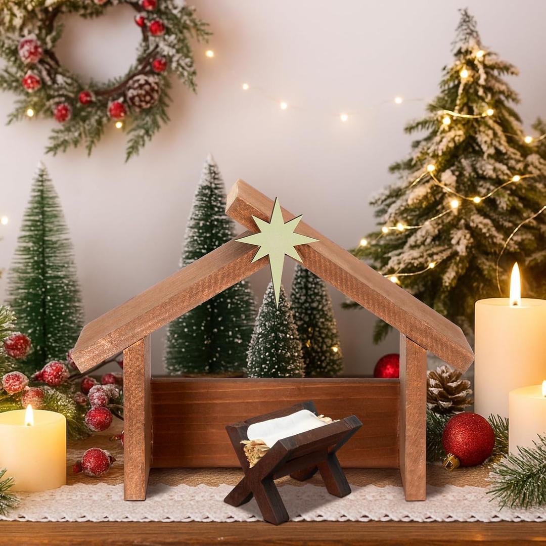 Yaomiao 2 Pcs Small Christmas Nativity Stable Manger Decorations 9.25 x 7.08 Inch Wood Nativity Scene with Roof Star for Inside Scale Holy Family Tiny Wooden Stable Shed Creche Home Desk Decor