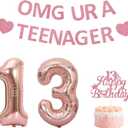 13th Birthday Decorations for girls,Rose Gold Glitter OMG UR A TEENAGER Banner, Happy 13th Birthday Cake Topper, Large 32" Foil Number Balloons