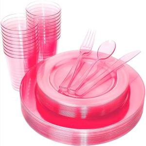 WDF 25 Guest Pink Plates with Pink Plastic Silverware&Pink Cups-Neon Clear Disposable Dinnerware include 50 Plates,25Forks, 25 Knives, 25 Spoons,25 Plastic Cups for Party and Baby Shower