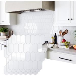 Vamos Tile Upgraded Thicker Design Backsplash Tile Peel and Stick, 10-Sheet Grayish White with Gray Grout Long Hexagon Self Adhesive Wall Tiles Stick On Backsplash for Kitchen Bathroom RV Fireplace