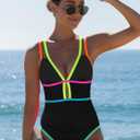popvil Women One Piece Swimsuit 2026 Tummy Control Sexy Cutout Neon Color Block Bathing Suit Slimming Adjustable Swimwear (Black, L)