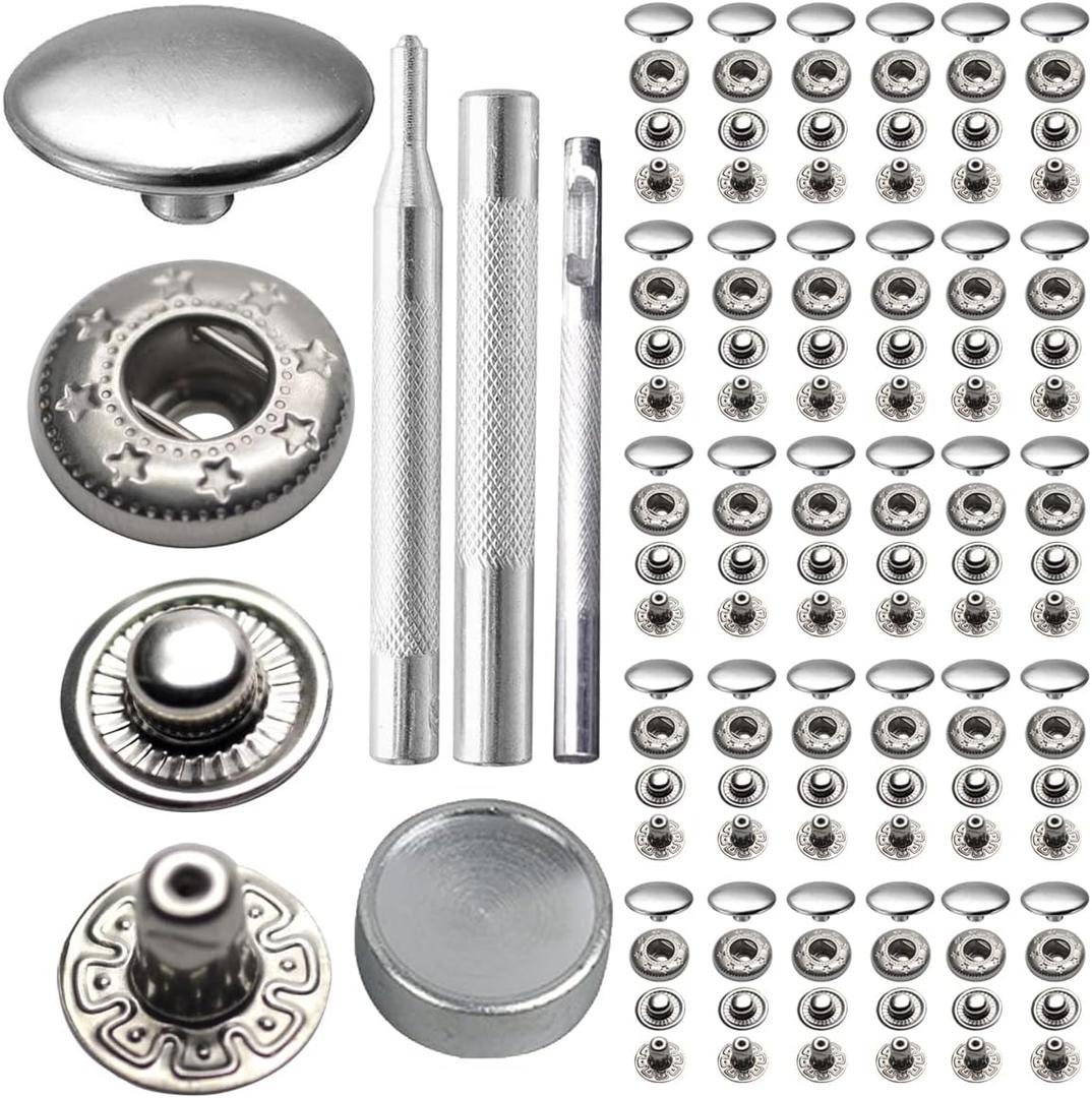 30Sets 15mm 831 Snap Fastener Stainless Steel Poppers Press Stud Cap Button for Bag Coats Marine Clothes Jackets Jeans Braccelets Silver (30 Sets with Tools)
