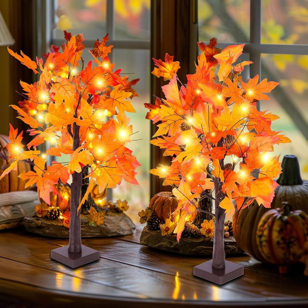 Christmas Maple Tree with Lights, 2 Pack 25'' New Year Indoor Decorations Artificial Fall Trees for Home, Table Decor USB & Battery Operated Autumn Tree with Acorns, Pine Cones, Halloween Pumpkin