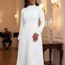 Nmoder Maxi Long Dress for Women, Casual Pleated Empire Waist Dresses Crewneck Long Sleeve (White, XL)