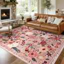 8x10 Washable Area Rug for Living Room, Floral NonSlip NonShedding & Easy Care, Large Soft Low Pile Indoor Floor Carpet for Living Room, Bedroom, Farmhouse, Dining Room, Kids Playroom, Pink
