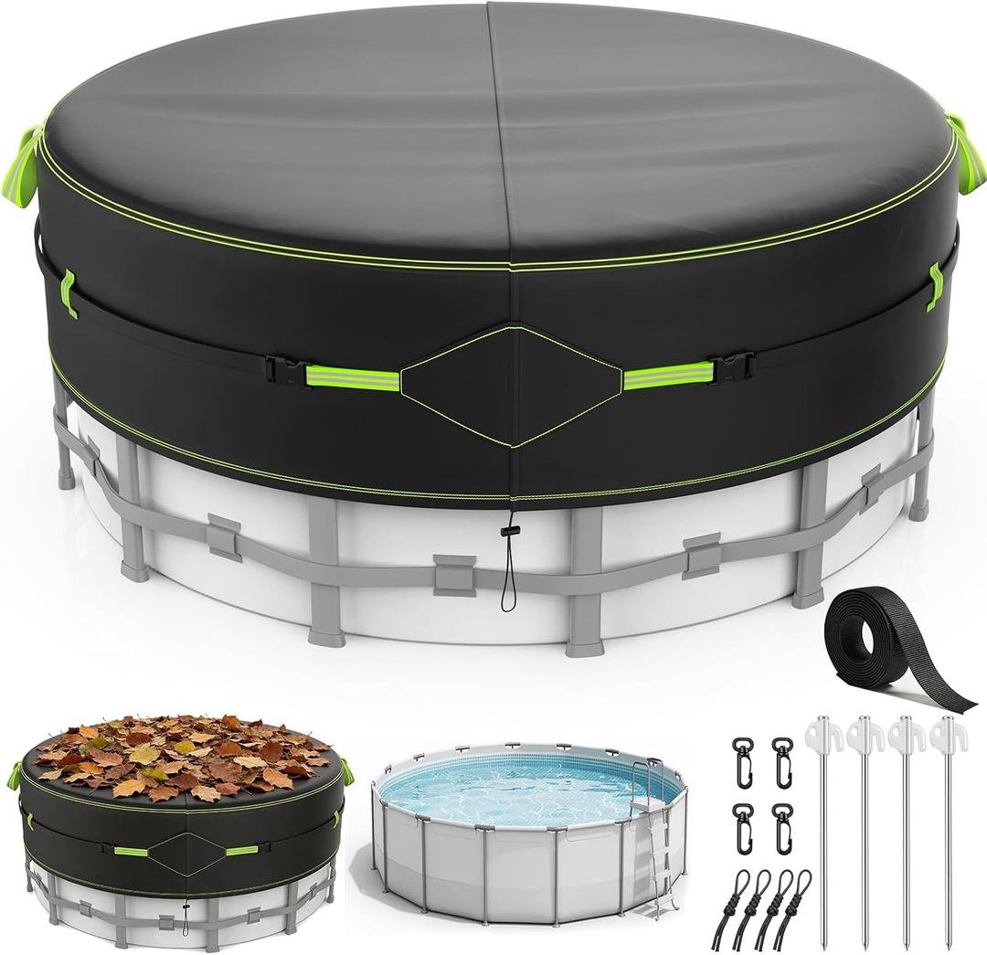 10Ft Round Pool Cover for Above Ground Pools, Safety Solar Pool Covers with Reflective Strips, Rope and Luminous Nails, Upgraded Thicker Oxford, PU Tarp Snug, UV Protected, Windproof, Tear Resistant