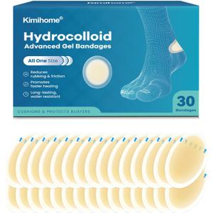 Kimihome Hydrocolloid Blister Bandages for Feet - 30ct Gel Blister Bandages - Blister Cushions for Heel, Toe - Blister Prevention for Travel - Water Resistant Bandages Pads (Heel Pack)
