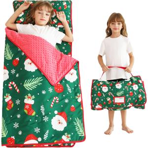 Toddler Nap Mat with Pillow and Blanket, Extra Large Rolled Napping Mats,Slumber Bags for Boys Girls,Kids Sleeping Bag for Daycare, Preschool Travel Camping (Christmas)