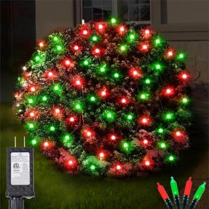 Led Christmas Net Lights Outdoor Connectable, 120LED 5ft x 6ft Waterproof 8 Modes Black Wire 29V Plug in Mesh Lights for Garden Yard Bushes Trunk Tree Decor (Red & Green, 1Pack)