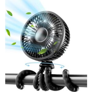 Gaiatop Baby Stroller Fan, 4000mAh Oscillating Mini Portable Fan with Light, 4 Speeds Battery Operated Small Handheld Desk Fan, 360° Rotate Flexible Tripod Clip On Fan for Car Seat Crib Travel Black