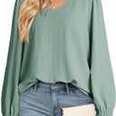 Dokotoo Women's Tops Fall Tops for Women 2025 Casual V Neck Long Sleeve Lace Trim Shirts with Smocked Cuffs Business Casual Outfits for Women Smoke Green, Medium