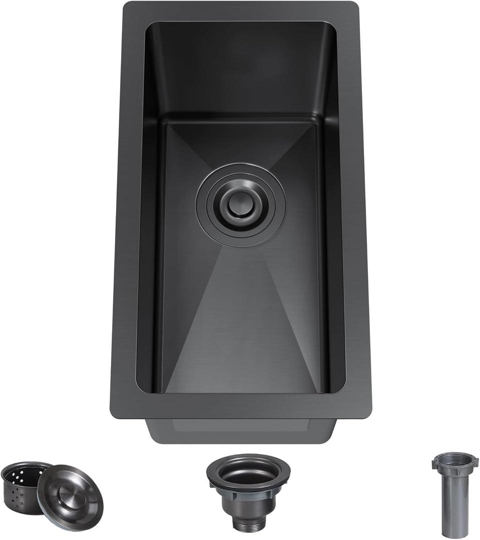 10 x 18 Inch Black Drop In Bar Sink Single Bowl Topmount Bar Prep 18 Gauge Stainless Steel Bar Sink with Basket Strainer, Small