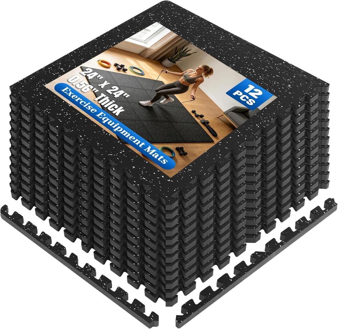 0.56" Thick Rubber Gym Floor Mats, 12 Tiles 48 Sq Ft, Heavy Duty Flooring | Thick Exercise Equipment Flooring Mat for Home Gym, rubber floor mats for Treadmill, Weightlifting & Workout Area, Non-Slip