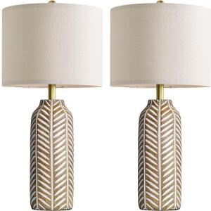 BOBOMOMO 26" Farmhouse Table Lamps Set of 2 - Vintage Leaf Design, Rustic Resin Nightstand Lamps for Bedroom, Living Room, Nursery, Hallway, Elegant Living Room Lamps with Linen Shades Antique Brown (Natural Wood Color)