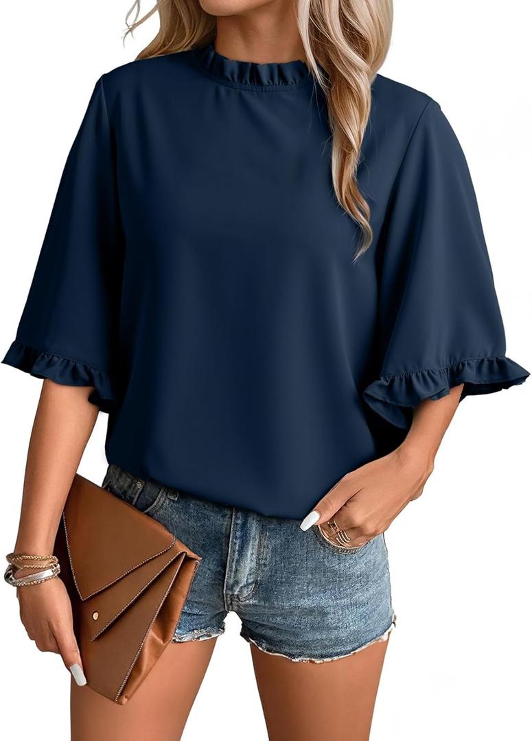 EVALESS Summer Outfits for Women Crewneck Bell Sleeve Tops with Ruffled Trim Cute Shirts Casual Loose Fit 2025 (Large, Dark Blue)