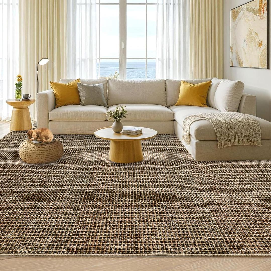 Boho Rugs for Living Room 6x9 ft, Washable Area Rug for Bedroom Soft Ultra Thin Large Indoor Floor Carpet, Waffle Print Non-Slip Area Rugs for Dining Room Bedroom Living Room, Brown