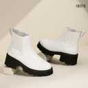 IDIFU IN2 Women's Chelsea Boots Platform Low Block Chunky Heeled Ankle Boots Round Toe Lug Sole Slip On Dress Boots Fall Work Dressy Comfortable Fashion Casual Short Booties Shoes (7, White Pu)