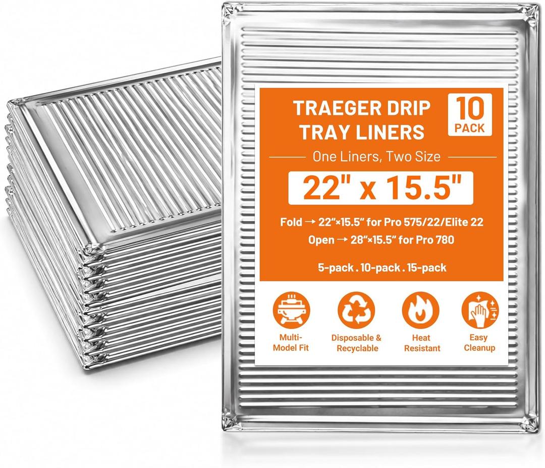 10-Pack Grill Drip Tray Liners for Traeger, Compatible with Traeger Pro 780/575, Pro 22 & Elite 22, Aluminum Disposable Foil Drip Pans with 2 Sizes (22in & 28in x 15.5in), BBQ Grill Accessories