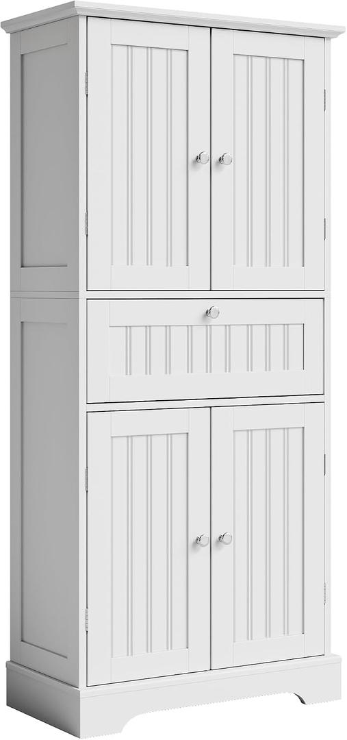 ChooChoo 51" H Tall Bathroom Floor Cabinet, Modern Bathroom Storage Cabinet with Drawer and Adjustable Shelves, Freestanding Kitchen Pantry Cupboard with 4 Doors for Living Room, White, 11.81"D x 23.62"W x 51.18"H