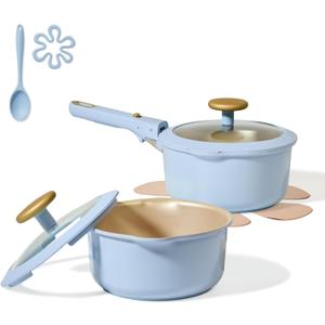 CAROTE 2.0Qt & 3.0Qt Titanium Nonstick Reinforced Sauce Pan Sets with Lid, Non-Stick Saucepans Cookware Set with Pour Spout with Detachable Handle, PFOS, PFOA Free, Induction Comptable, Blue