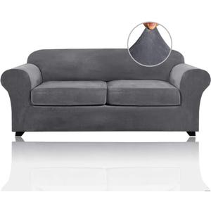 PrinceDeco Couch Cover Velvet Plush Sofa Covers for 2 Cushion Couch Width Up to 90 Inch Washable Furniture Protector Pet Friendly No Slip Sofa Slipcover(Medium-Large, Grey)