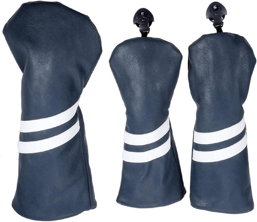 TEENGSE 3PCS PU Leather Golf Cover, Golf Club Head Covers Set with Classic Stripes for Protecting Wood Hybrid Golf Clubs, Waterproof and Lightweight