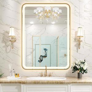 Rectangle LED Bathroom Mirror, 32"x20" Anti-Fog Double Touch Lighted Wall Vanity Mirror 45 Beveled Metal Frame Stepless Adjustable Color Temperature Smart Mirror 3000K-6000K, Gold