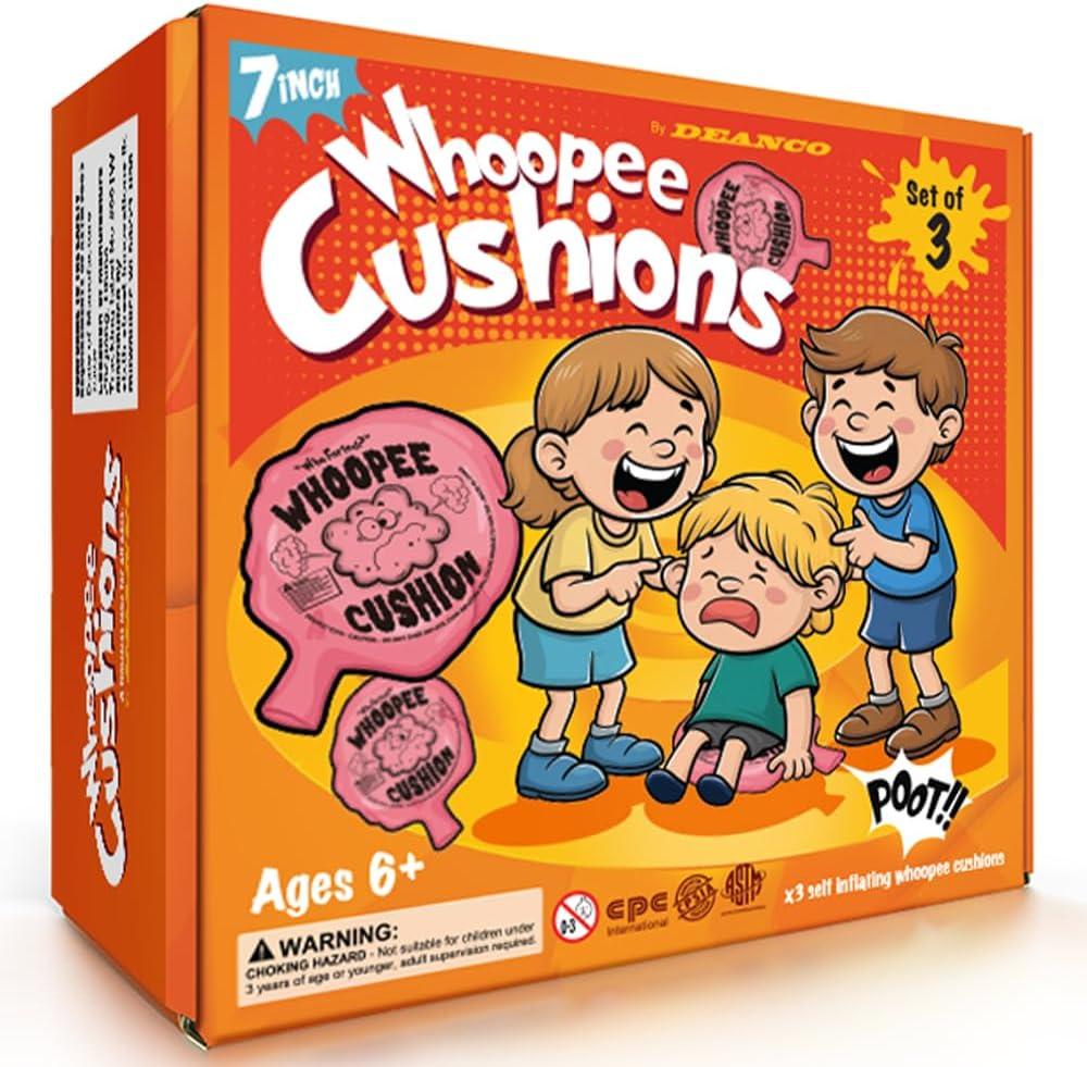 DEANCO Whoopee Cushion 3 Pack - Three 7 inch Self-Inflating Whoopee Cusions Premium Rubber for Louder Fart Sound, Gag Gifts for Kids and Adults, April Fools Pranks