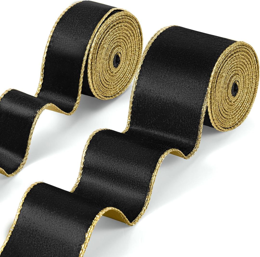 Riceshoot 2 Rolls Valentines Day Velvet Wired Ribbon 1.5, 2.5 Inch Wide Velvet Ribbon with Edge for Wedding Tree Decoration Gift Wrap Bow DIY Decoration, Total 20 Yards(Black Gold)