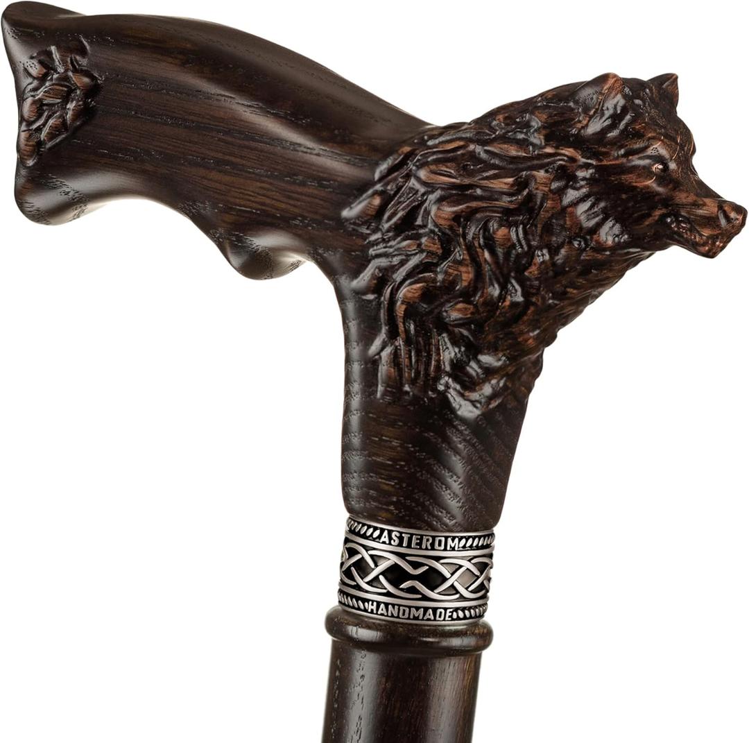 Asterom Walking Cane - Handmade Wolf Cane - Cool Walking Canes for Men and Women - Wooden, Carved, Unique - Walking Sticks for Men & Seniors (39 Inch)