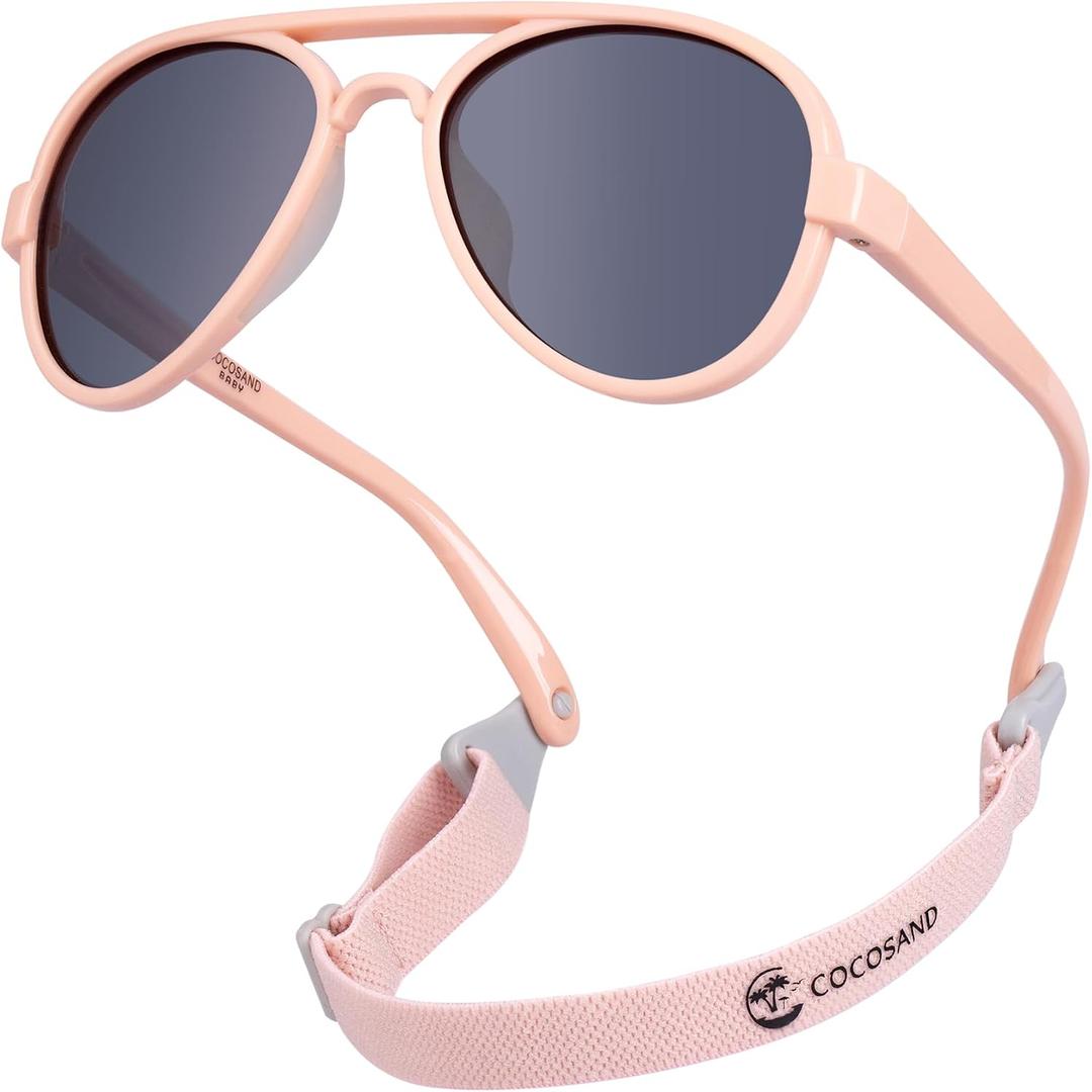 COCOSAND Baby Sunglasses with Strap Polarized Aviator Soft Silicone Nose Pads for Toddler Girls Boys Age 0-24 Months, Pink