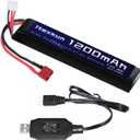 7.4V 2S 1200mAh Airsoft Battery Lipo Batteries T Plug 30C High Discharge Rate Rechargeable 2S Lipo Battery for Airsoft Model Guns with 7.4v Battery Charger
