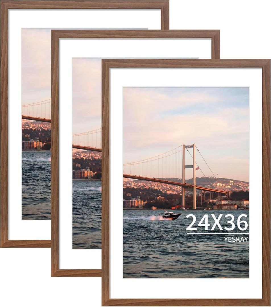 YESKAY 24x36 Picture Frame Brown Set of 3, Display Pictures 20x30 with Mat or 24 x 36 Without Mat, Poster Frames 24x36 for Wall Hanging Horizontal and Vertical
