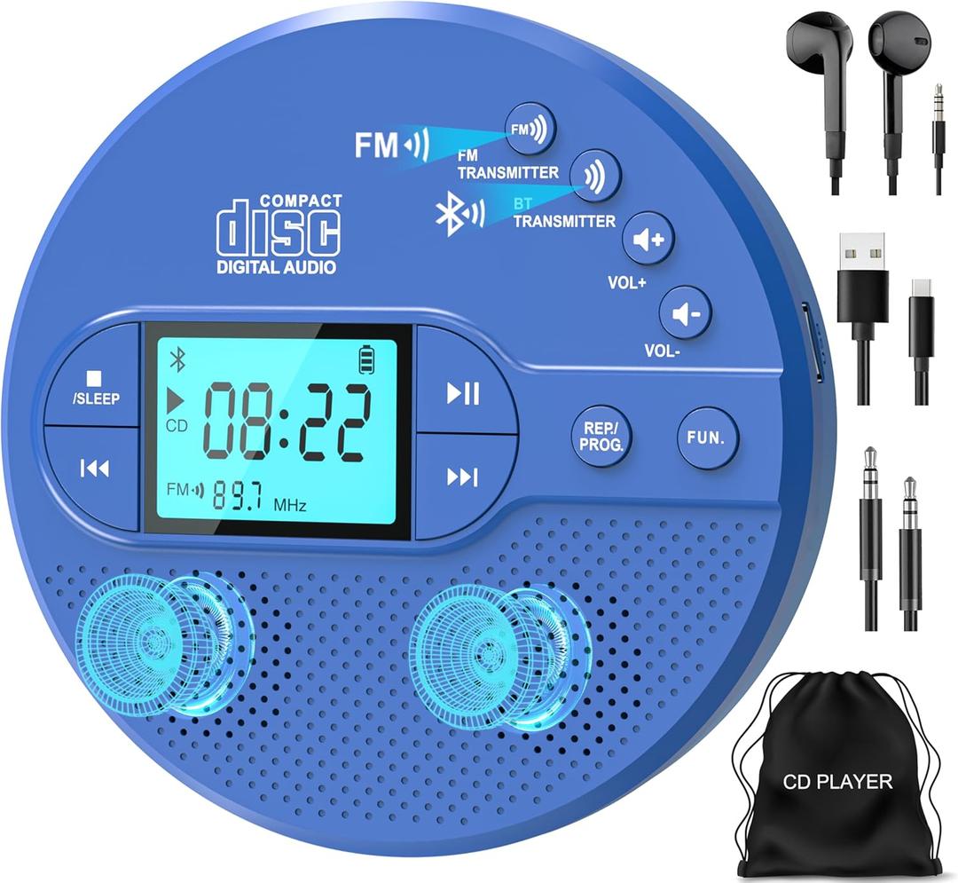 Sunoony Portable CD Player with Bluetooth, Disman CD Player for Car with FM Transmitter, Rechargeable Personal cd Player with Anti-Skip Protection, Headphones, AUX/USB Supported, LCD(Blue)