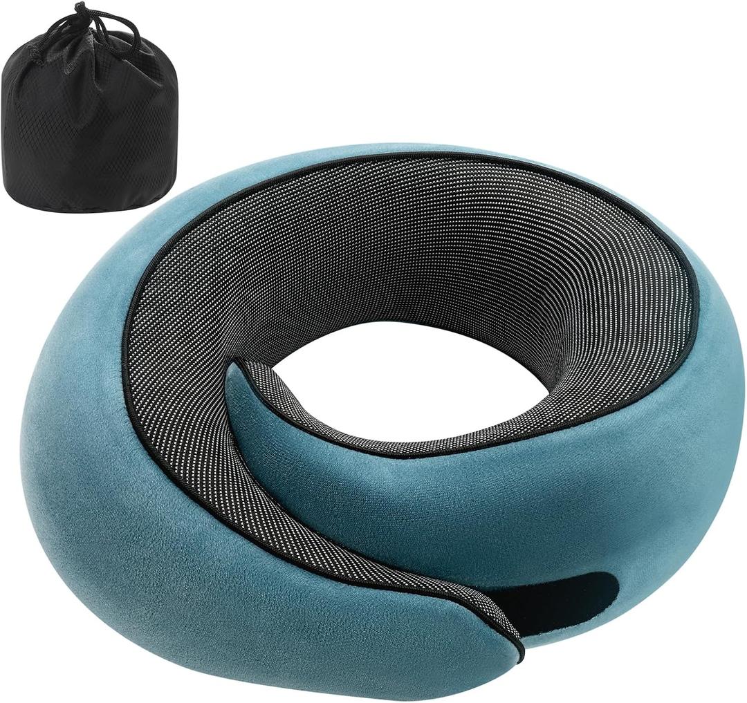 BadinkSnail Neck Pillow Memory Foam with MagicStrap  Adjustable Ergonomic Travel Pillow for Office/Airplane/Car, Washable Cover, Portable Cervical Support(Peacock Blue)