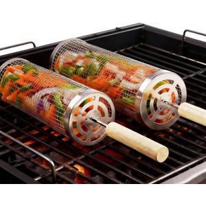 Rolling Grill Basket 2-Pack, Premium 304 Stainless Steel, Removable Wooden Handles, Upgrade Rolling Grill Baskets for Outdoor Grill, BBQ Grill Accessories for Outdoor Grill, Outdoor Gifts for men