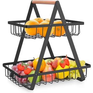 2 Tier Fruit Basket Bowl Fruits Stand Produce Kitchen Counter Holder Organizer Storage Countertop for Vegetable Onion Potato Bread Snack Veggie,Wooden Handle Metal Mesh (Black)