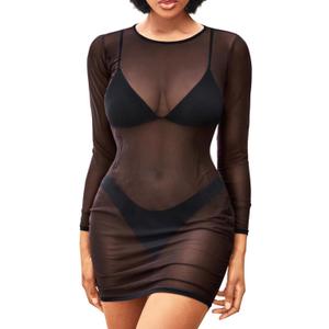 Daci Women's Sexy Sheer Mesh Swimsuit Cover up with Long Sleeves Beach Dress Bodycon Style (XX-Large, Black)